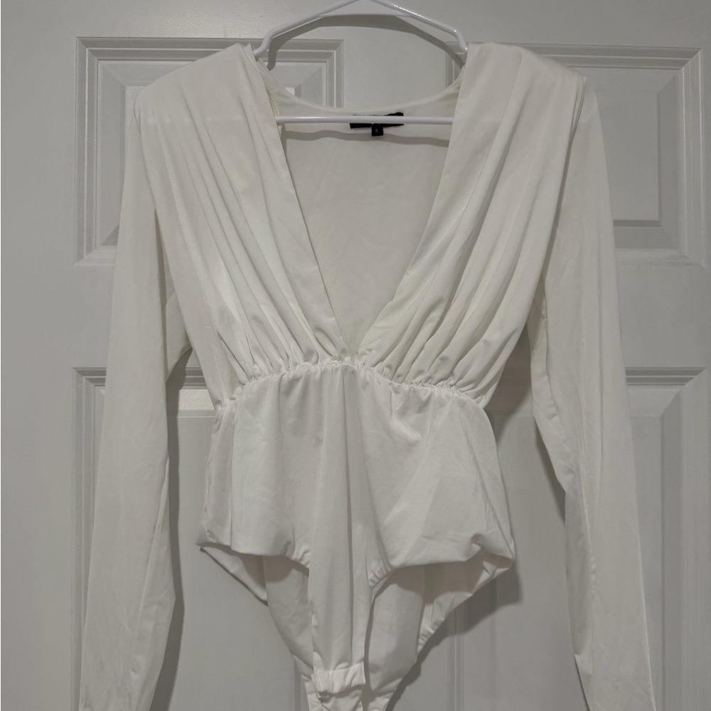 White Long-Sleeve Deep V Bodysuit